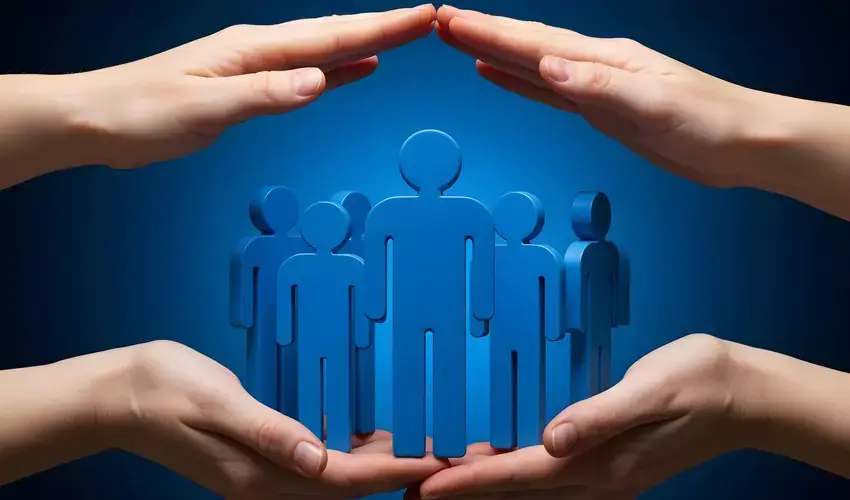 Two sets of hands enclose stick man icons on a blue background describing Other Benefits Developments