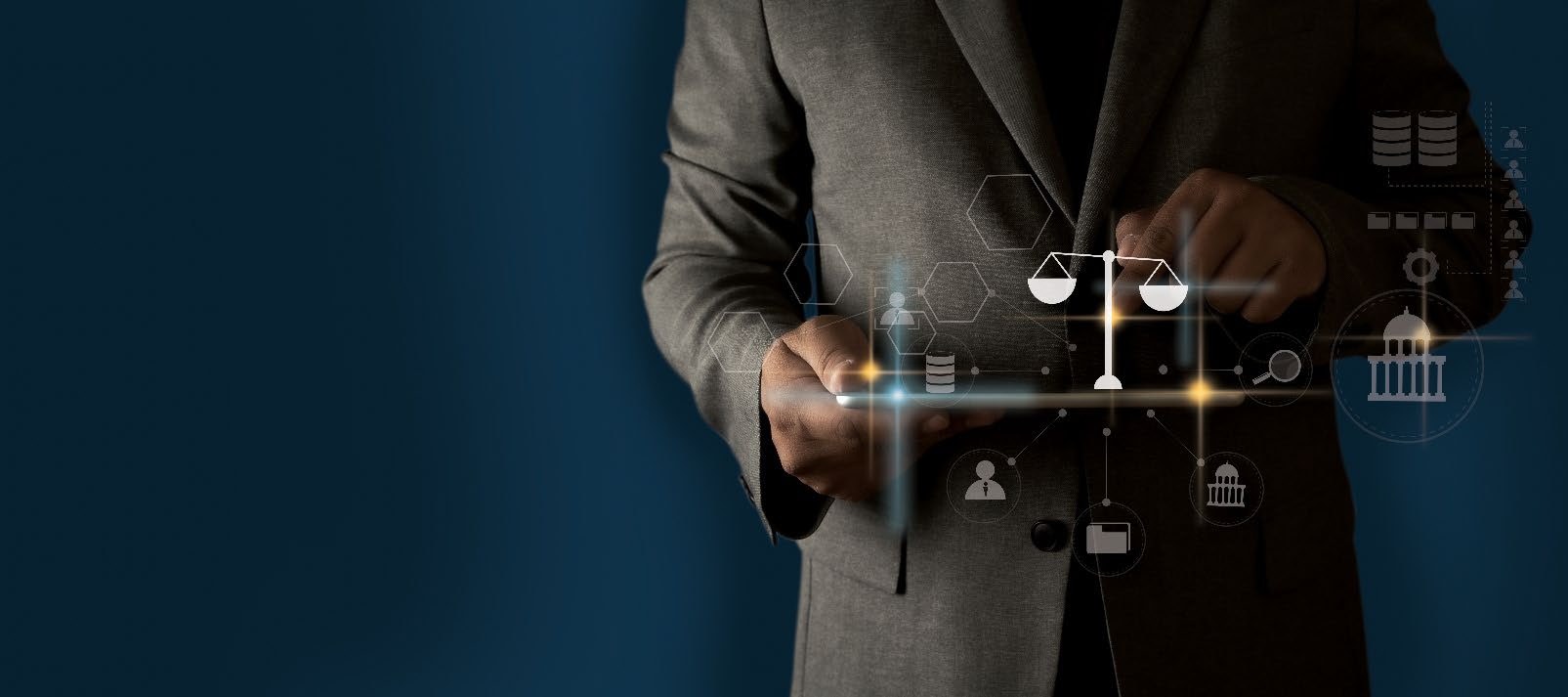 Professional using a tablet with legal and government icons